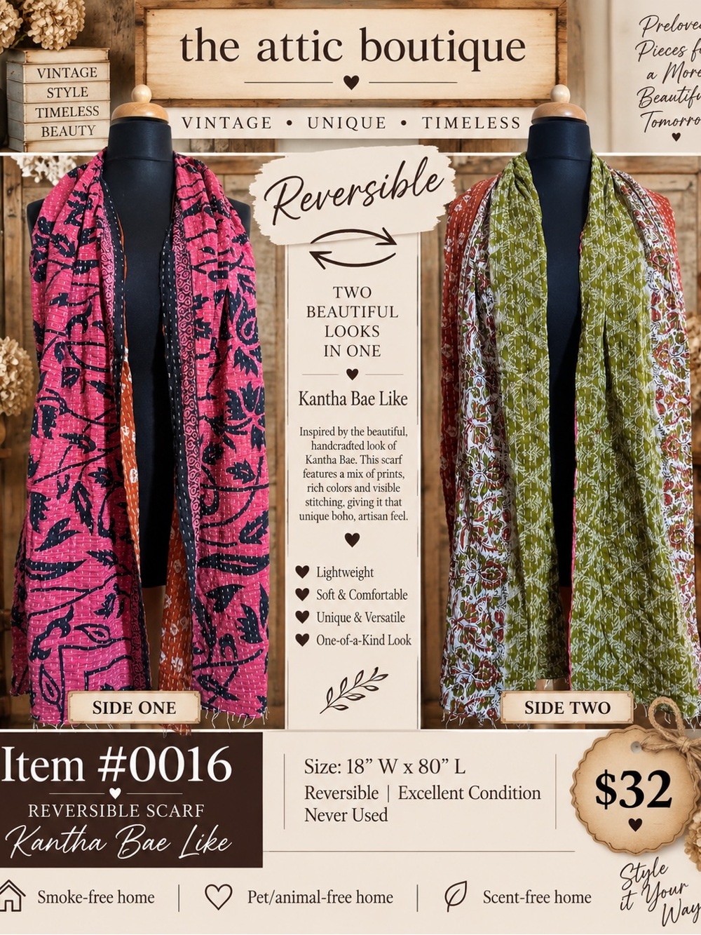 Reversible Kantha-Style Scarf - Pink & Green by The Attic Boutique
